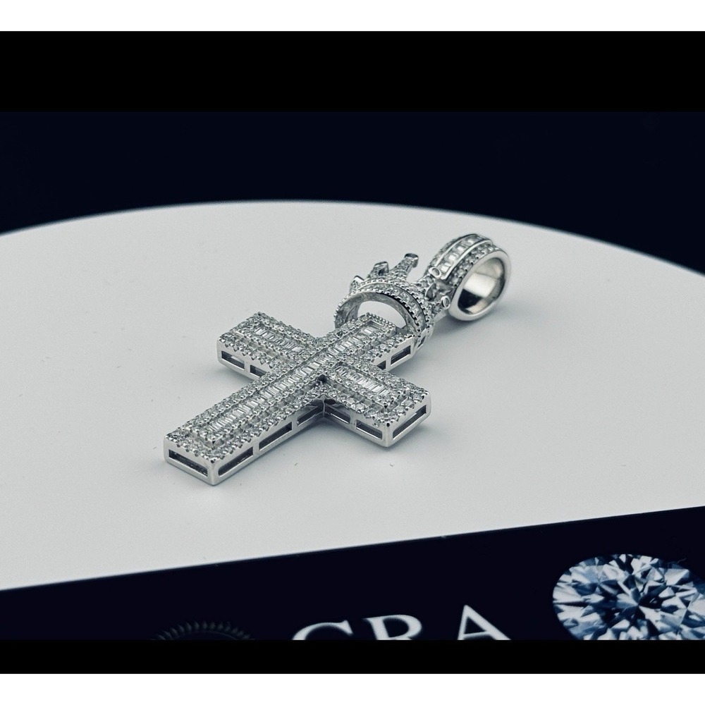 Certified Moissanite Crown Cross Pendant 925 Silver Iced‎ Out